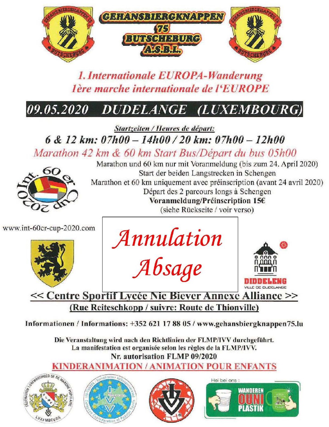 ANNULATION/ABSAGE DUDELANGE FLMP IVV WANDERUNG + MARATHON 