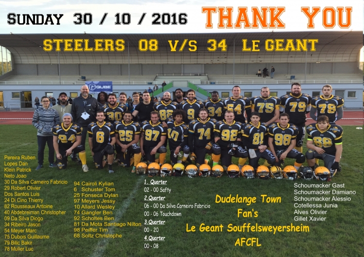 Luxembourg Steelers vs. Le GEANT de Souffelsweyersheim (30.10.2016)