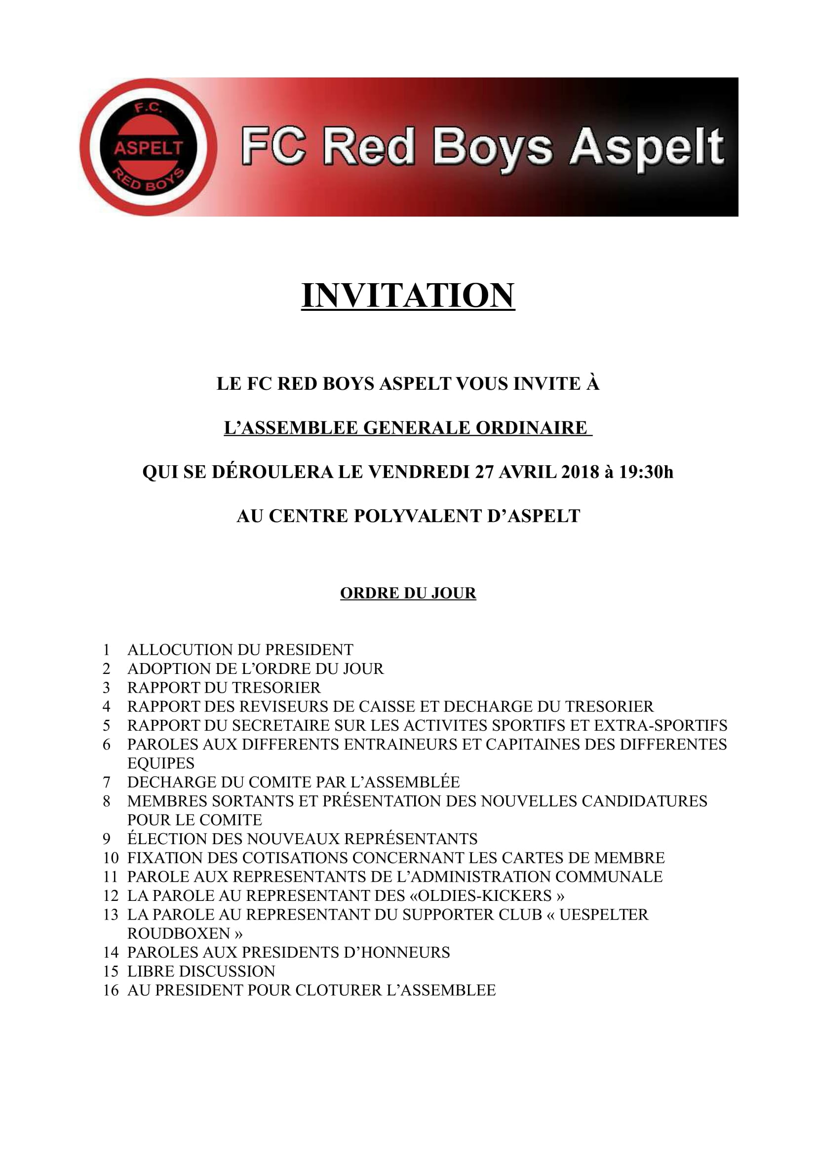 ASSEMBLÉE GÉNÉRALE ORDINAIRE DEN 27 ABRËLL 2018 ASSEMBLÉE GÉNÉRALE ORDINAIRE DEN 27 ABRËLL 2018