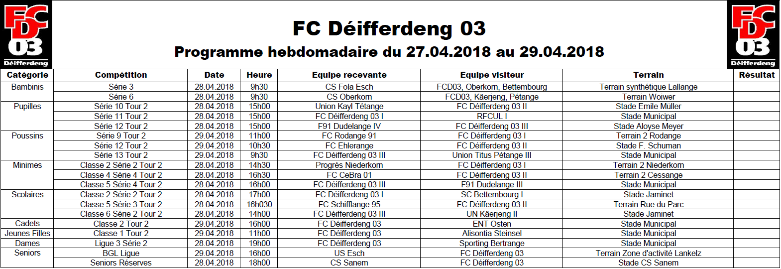 Programme du 27.04 au 29.04