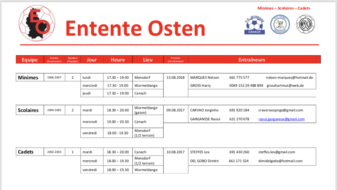 Den Trainingsplang vun den Jugendekippen ass eraus