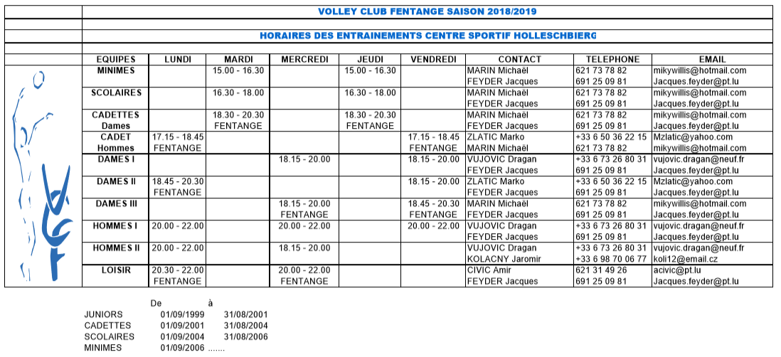 Horaire des Entrainements 2018/2019 Horaire des Entrainements 2018/2019