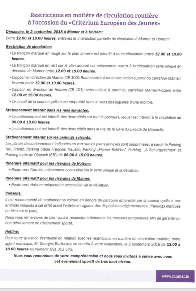 Course cycliste dimanche prochain à Mamer