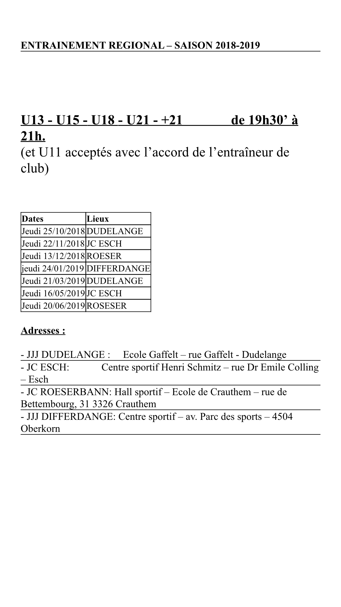 Reprise des entraînements régionaux