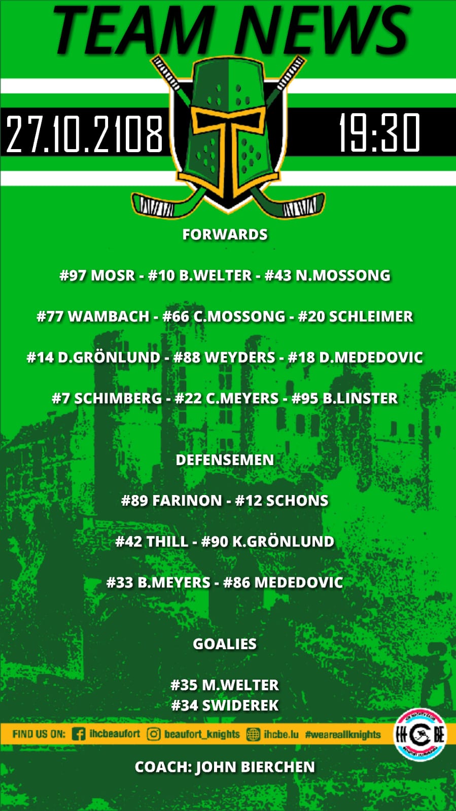 Opstellung vun den Spiller vum Match 27/10/2018