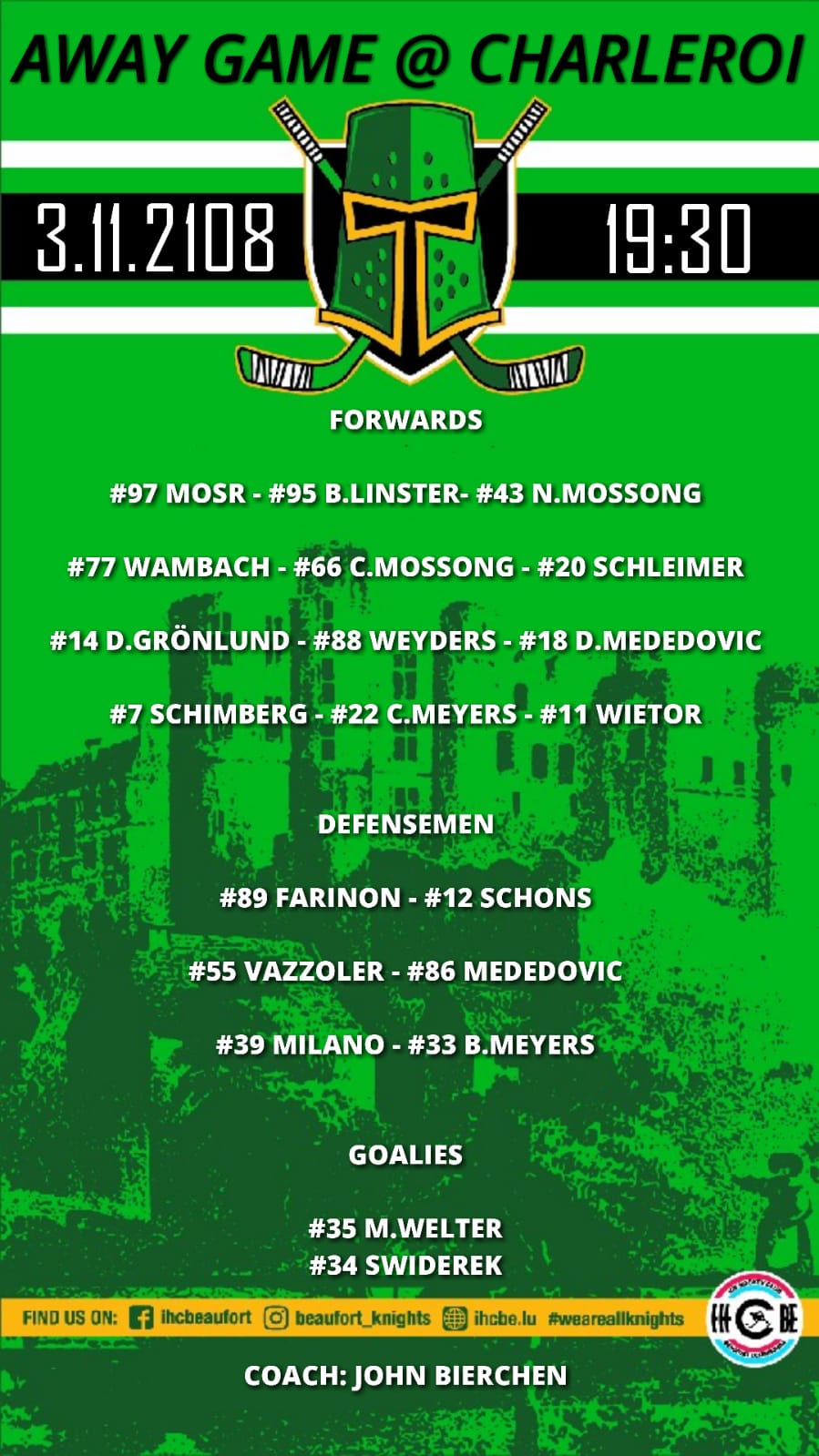 Opstellung vun de Spiller vum Auswärtsmatch géint Charleroi 03/11/2018