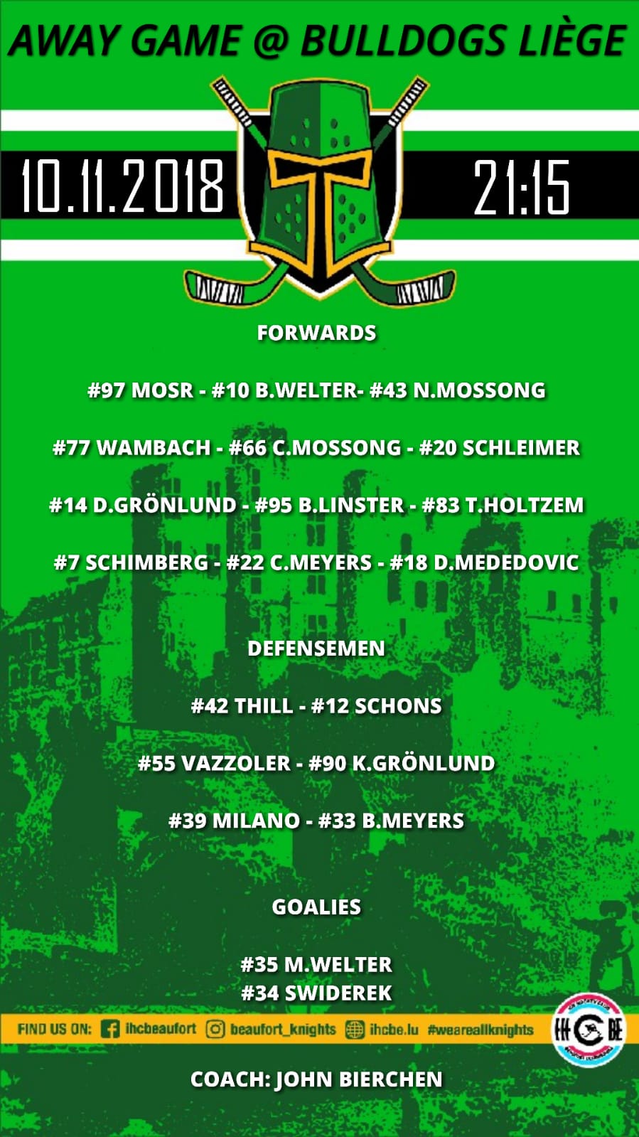 Opstellung vun de Spiller 10/11/2018 géint Bulldogs Liège