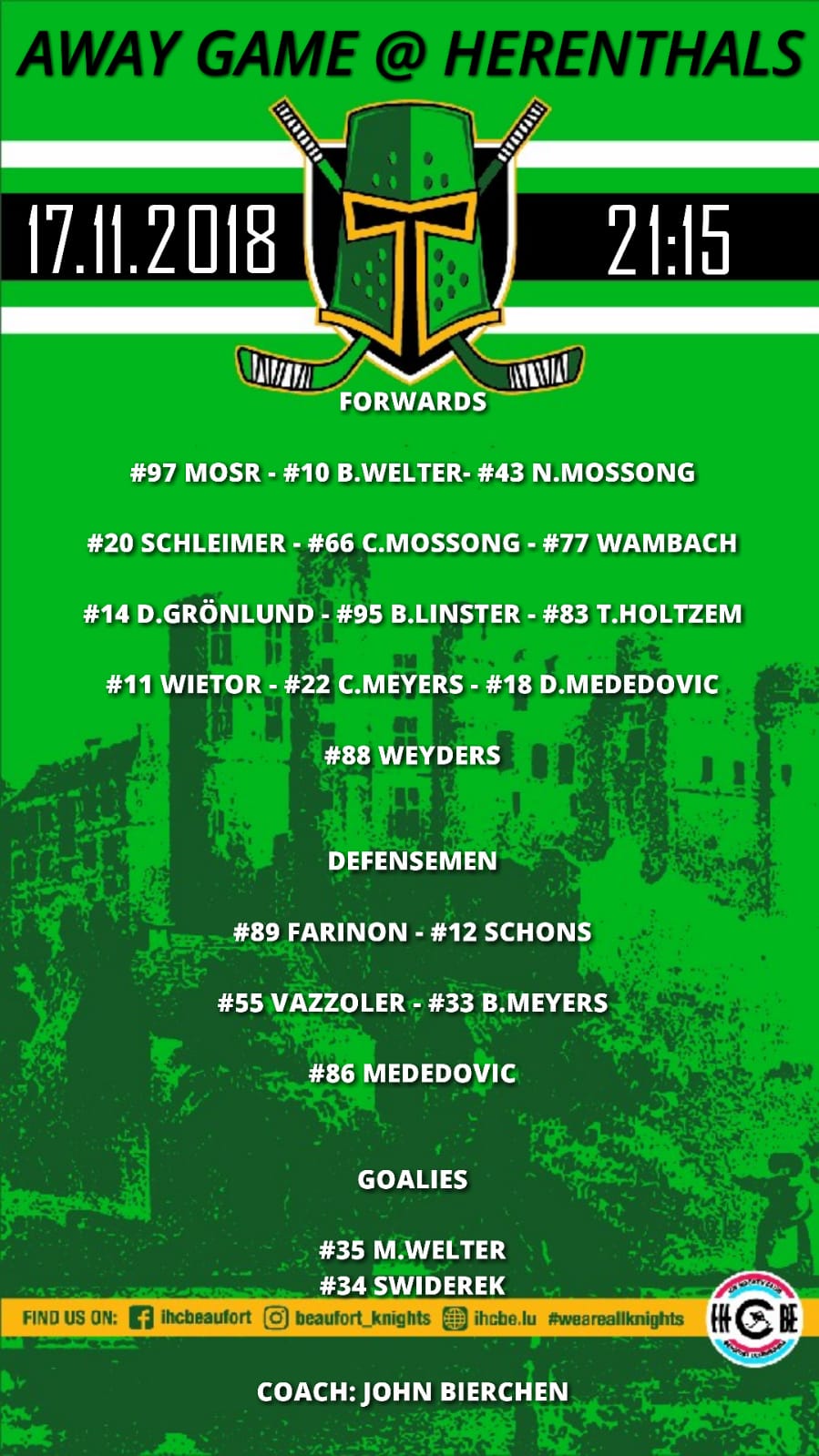 Opstelleung vun de Spiller vum Auswärtsmätch géint Herentals 17/11/18