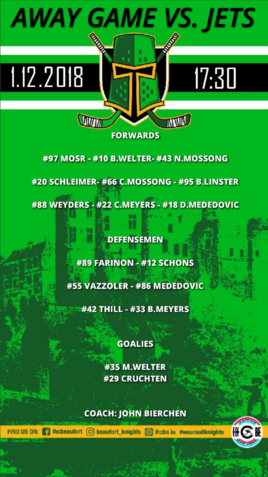 Opstellung vun de Spiller vum Auswärts Match géint Gullegem Jets