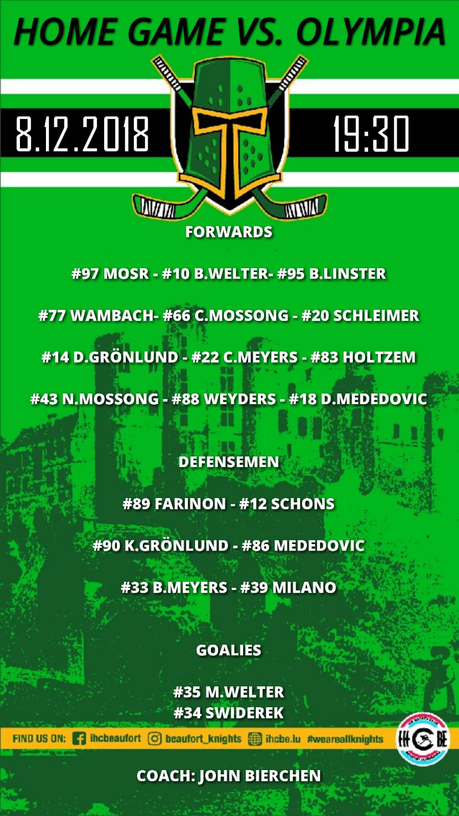 Opstellung vun de Spiller géint Olympia Heist
