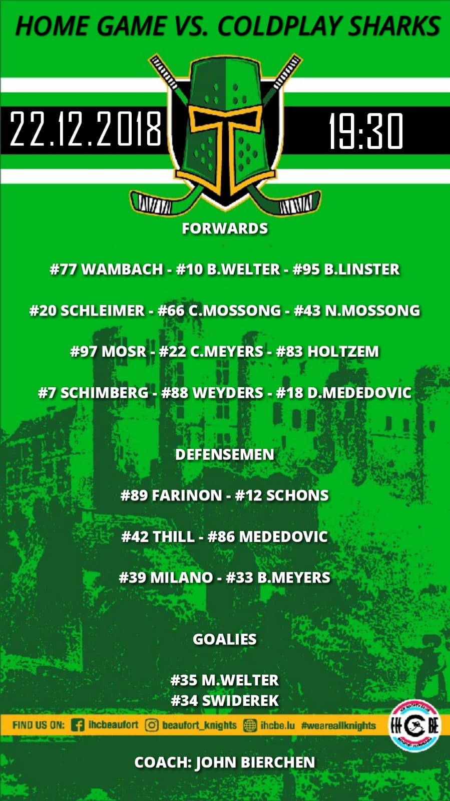 Opstellung vun de Spiller vum Heem Match géint Mechelen Cold Play Sharks