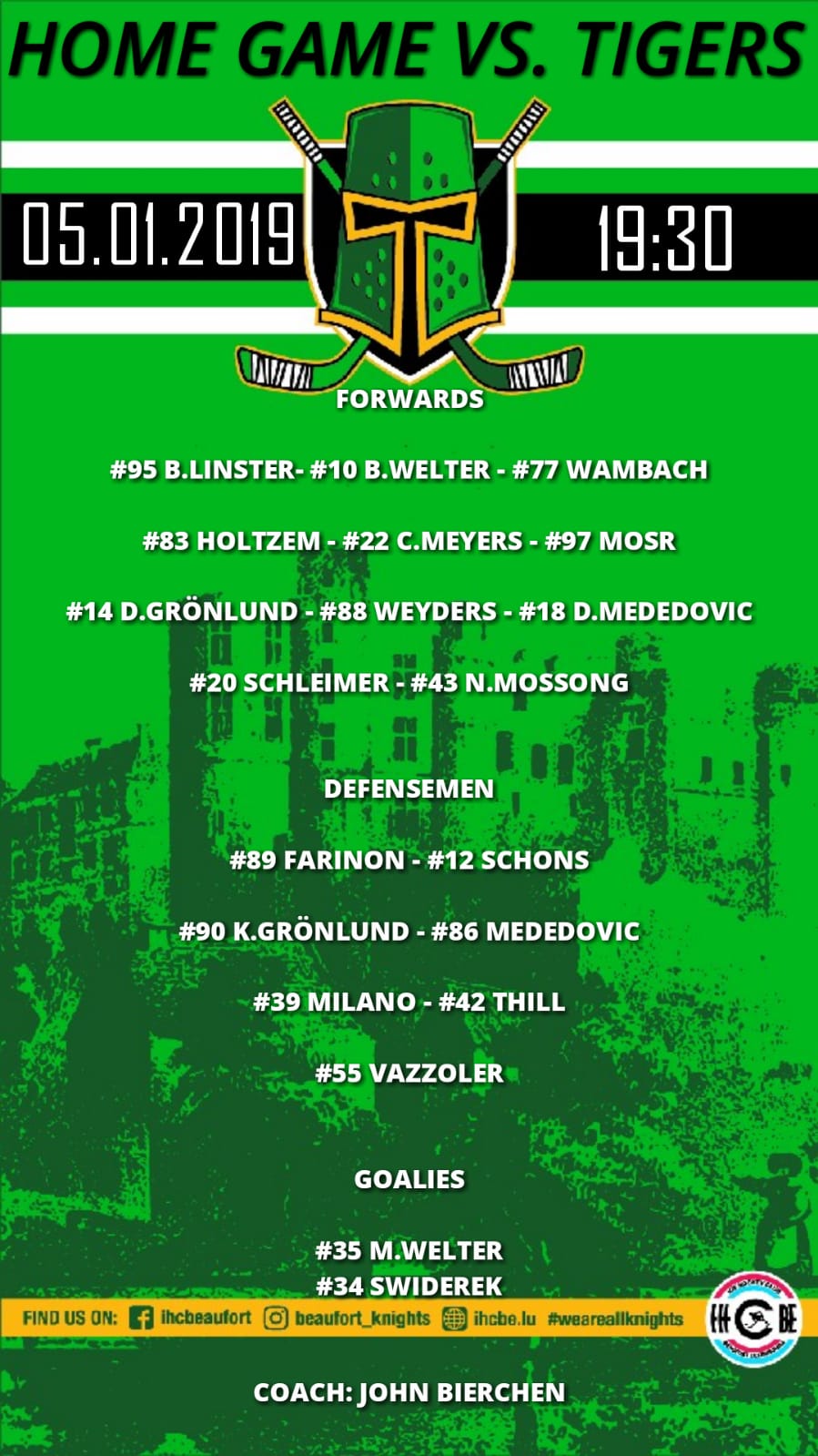 Opstellung vun de Spiller vum Heem Match géint Turnhout Tigers