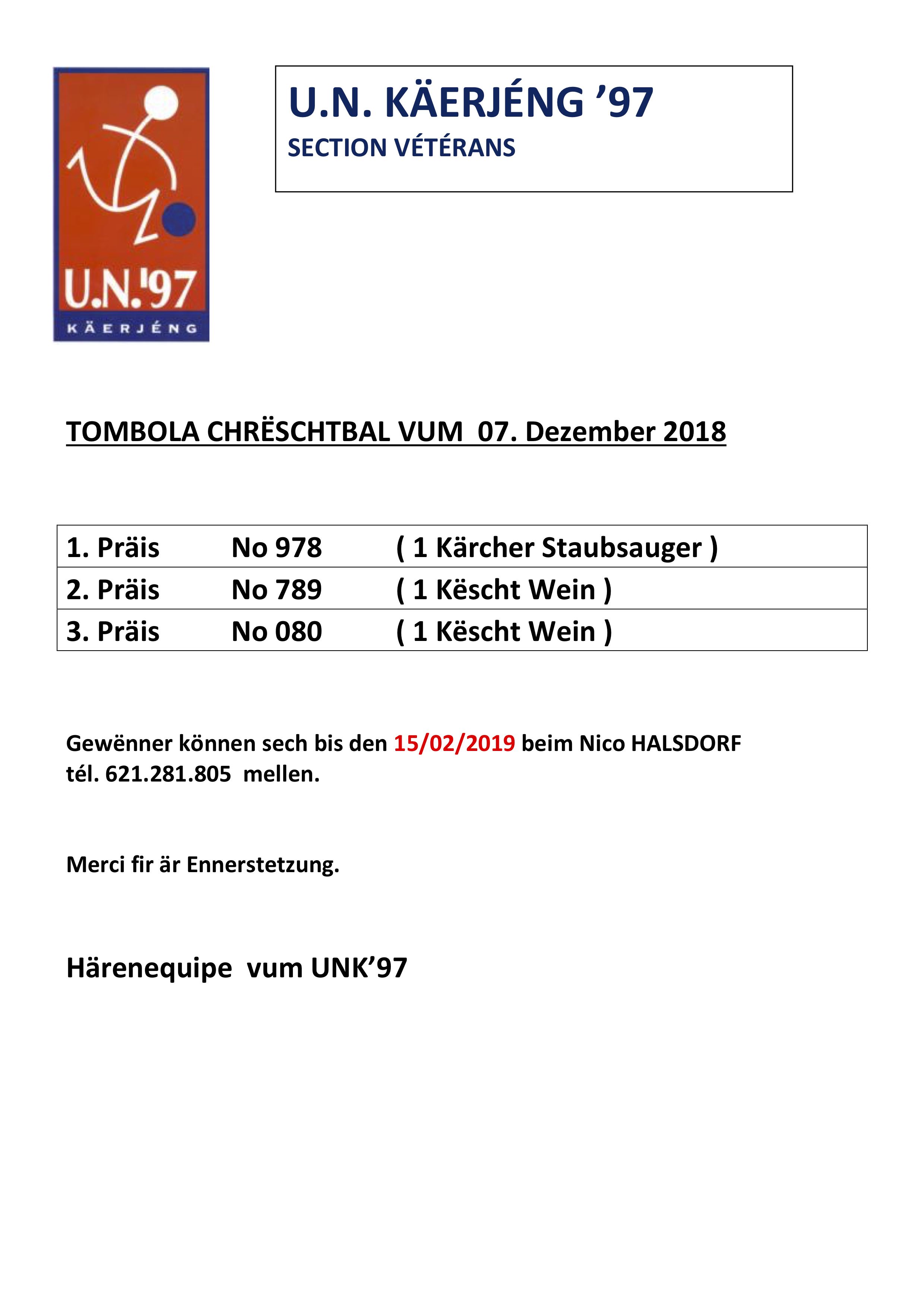 *** Tombola Chrëschtbal vun der Härenekipp *** *** Tombola Chrëschtbal vun der Härenekipp ***