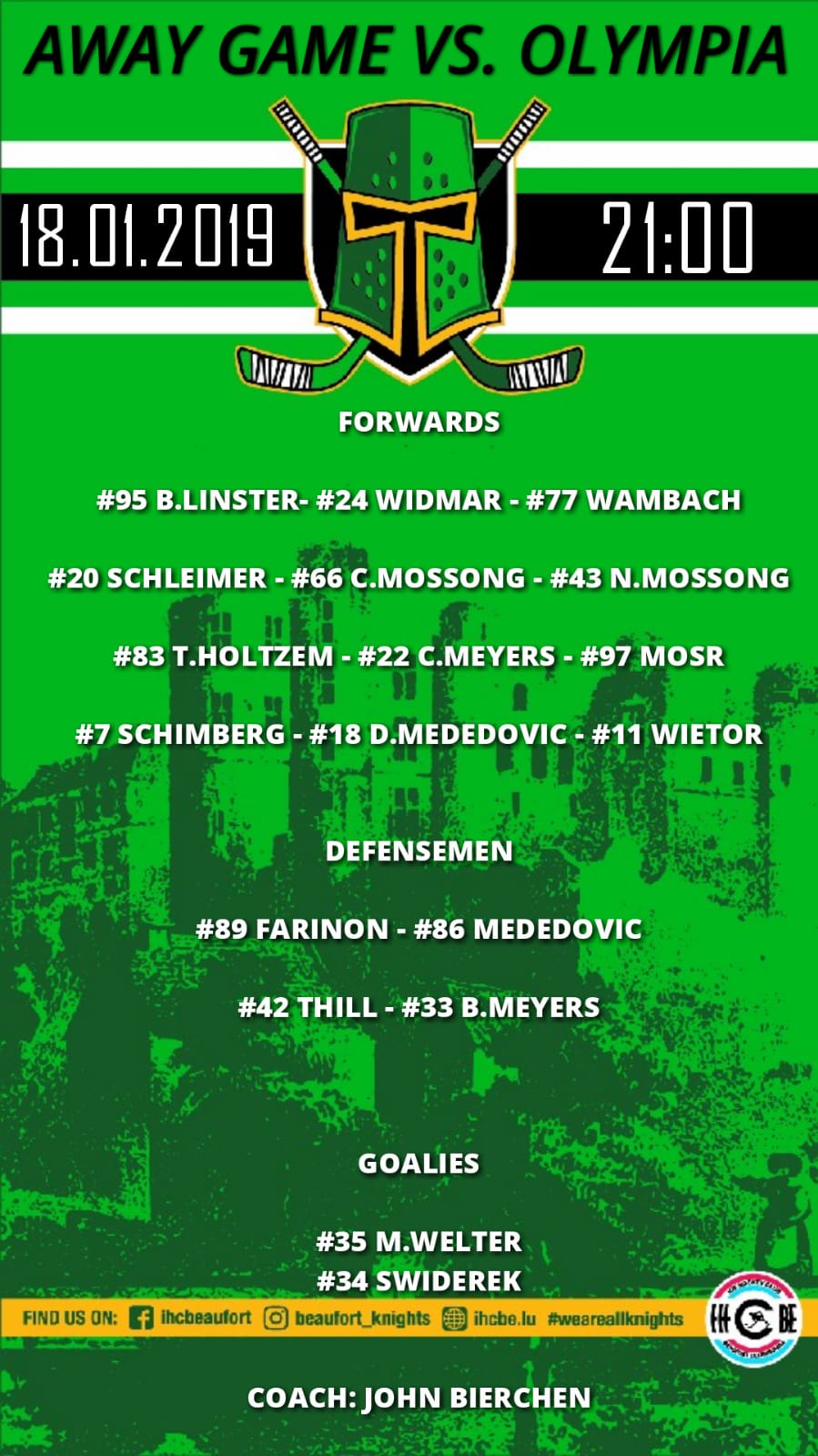 Opstellung vun de Spiller vum Auswärts Match géint Olympia Heist