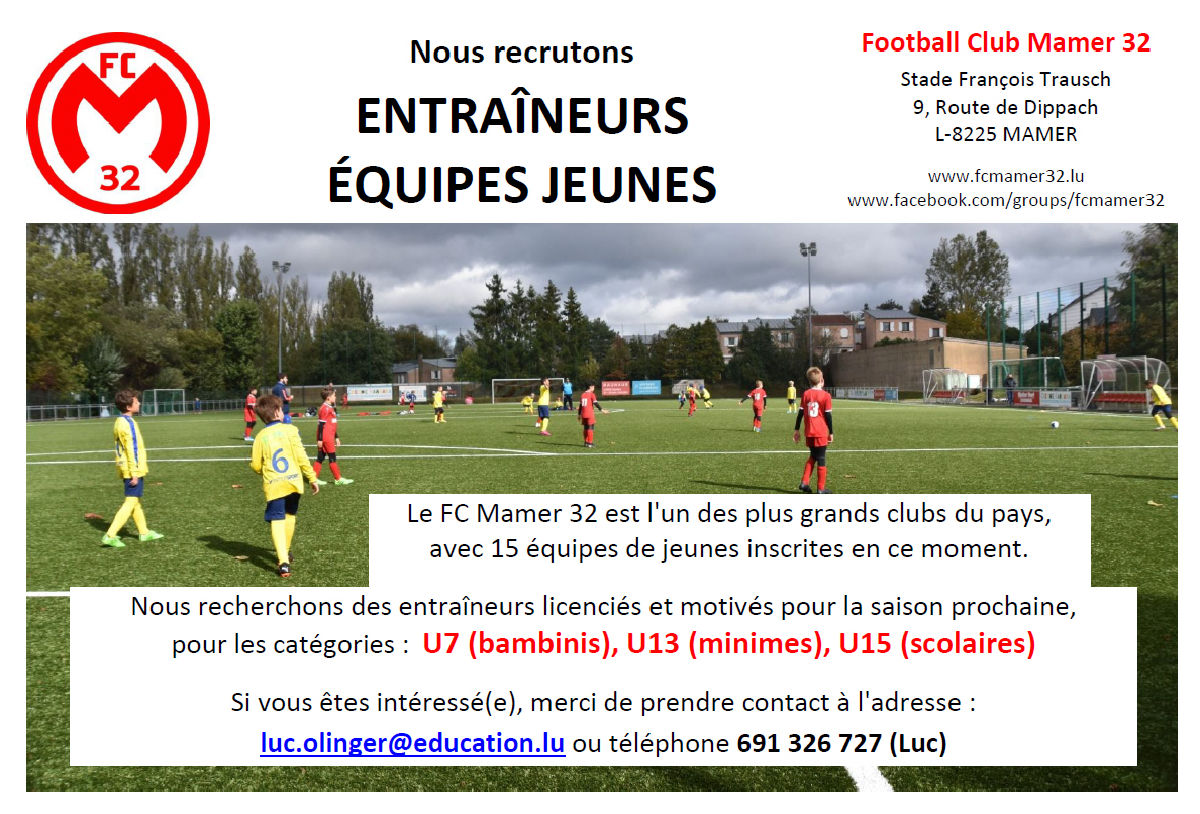 Nous recrutons ENTRAÎNEURS ÉQUIPES JEUNES Nous recrutons ENTRAÎNEURS ÉQUIPES JEUNES