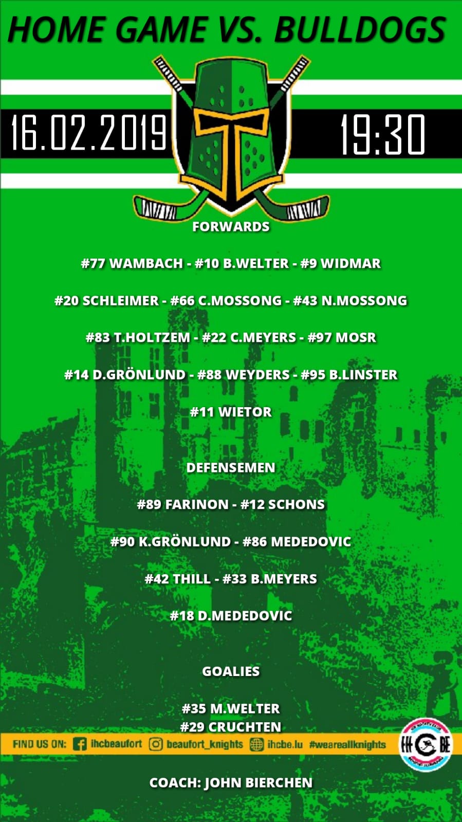 Opstellung vun de Spiller vum Heem Match géint Liège Bulldogs