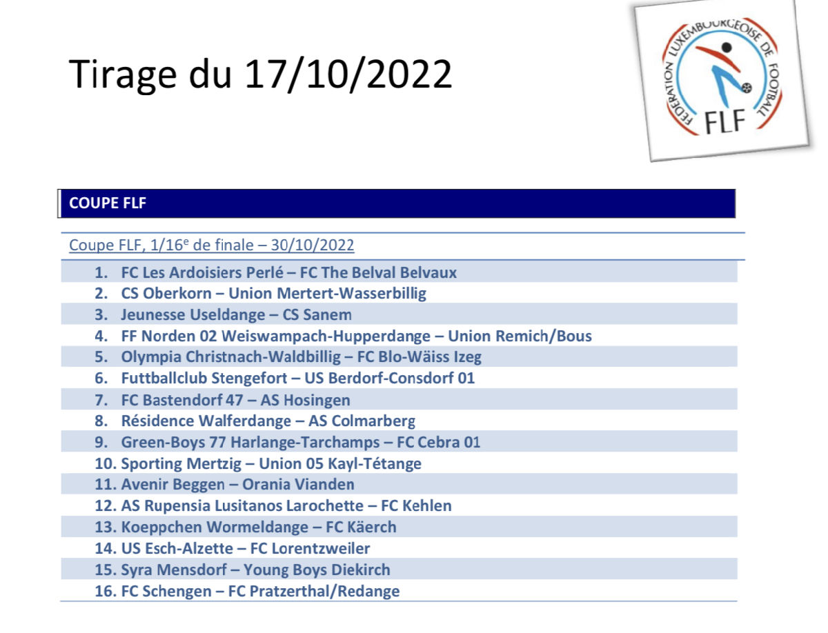 Auslousung 1/16 Finale Coupe FLF Auslousung 1/16 Finale Coupe FLF