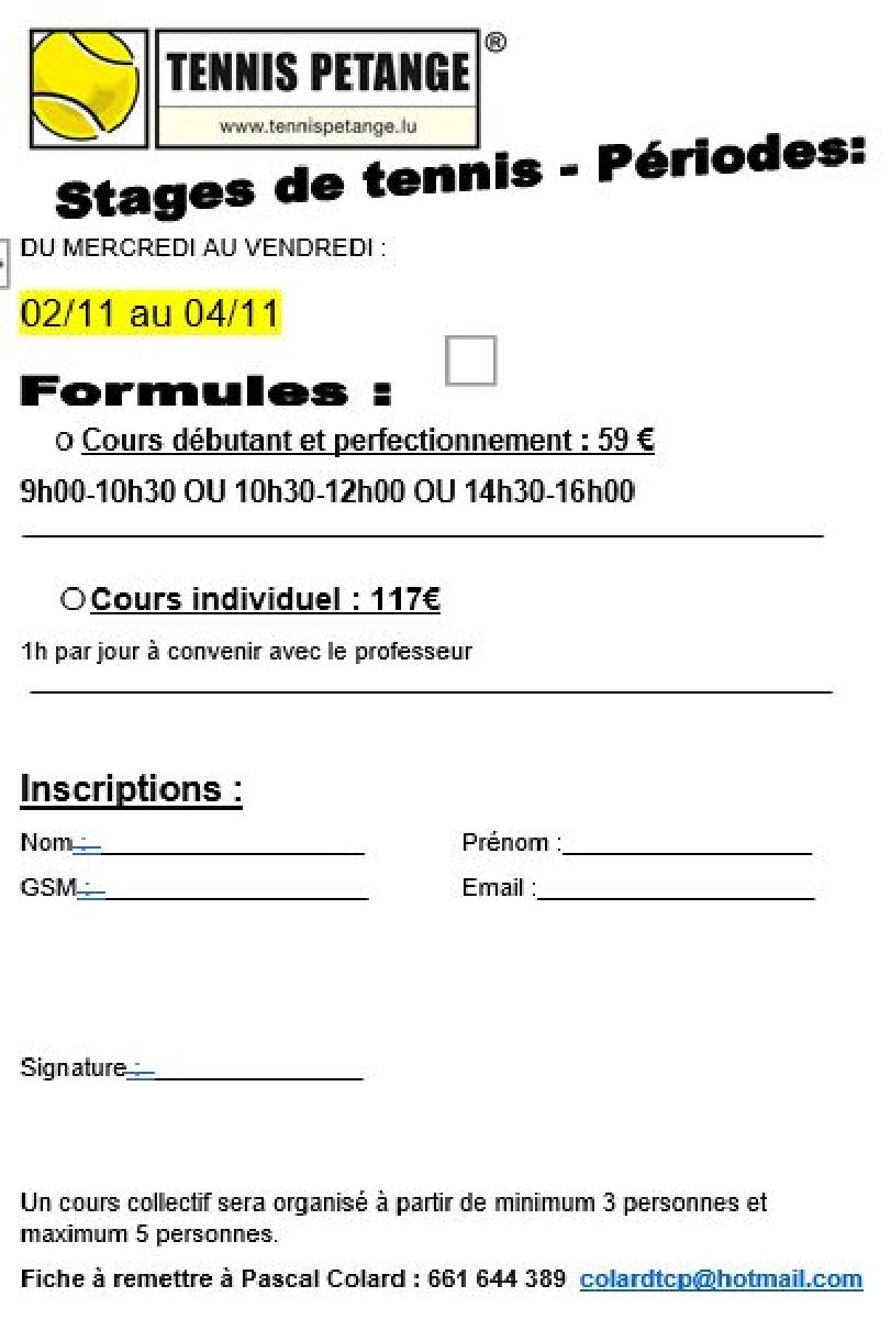 Stage de Tennis - Toussaint 3. - 5.11.22 Stage de Tennis - Toussaint 3. - 5.11.22