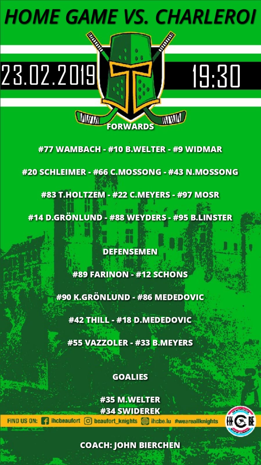 Opstellung vun de Spiller vum Heem Match géint Charleroi Red Roosters