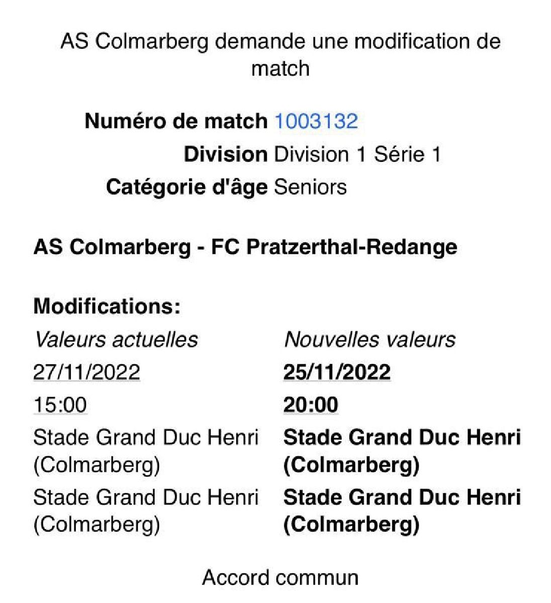 Modification de match Colmerbierg vs FCPR