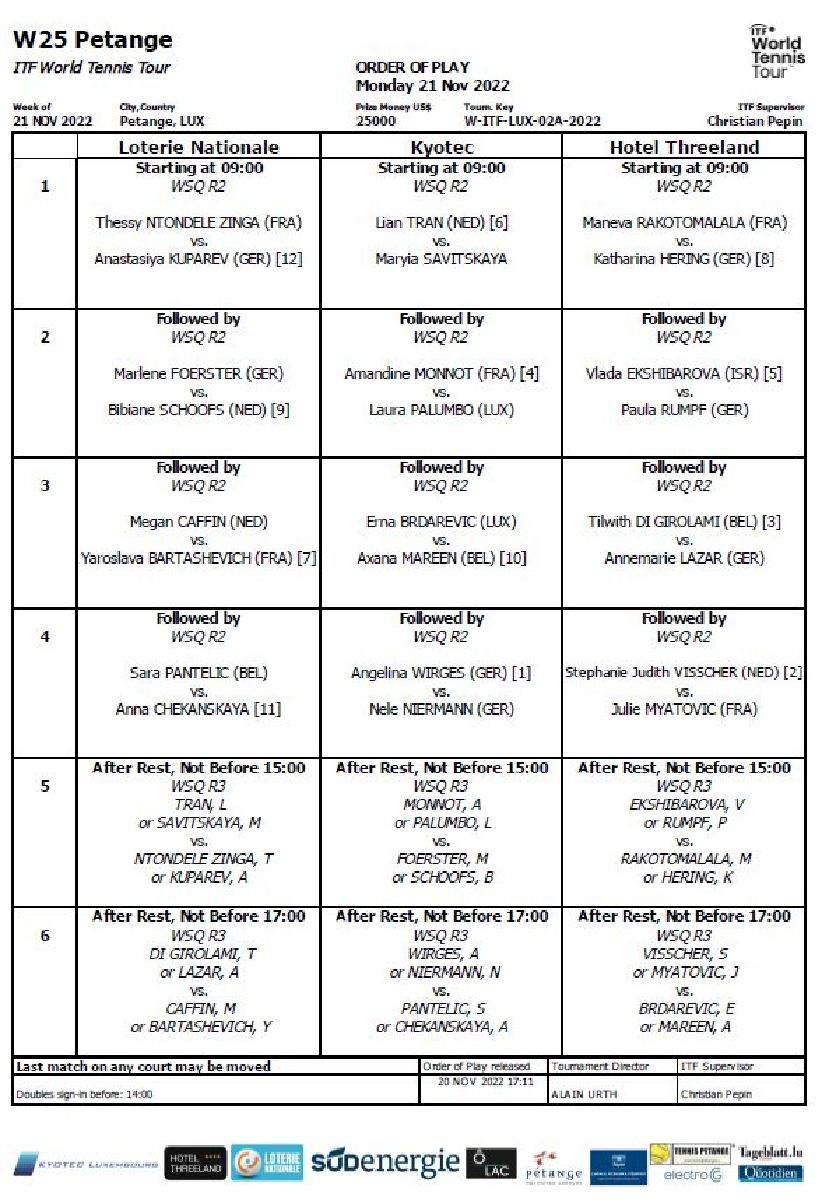 ITF KYOTEC OPEN - Programme du lundi 21.11.22 ITF KYOTEC OPEN - Programme du lundi 21.11.22