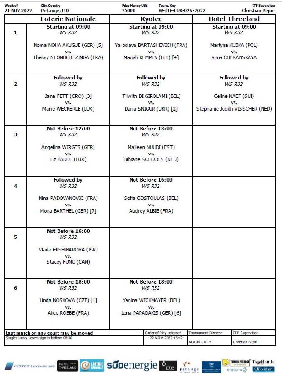 ITF KYOTEC OPEN - Programme du mercredi 23.11.22