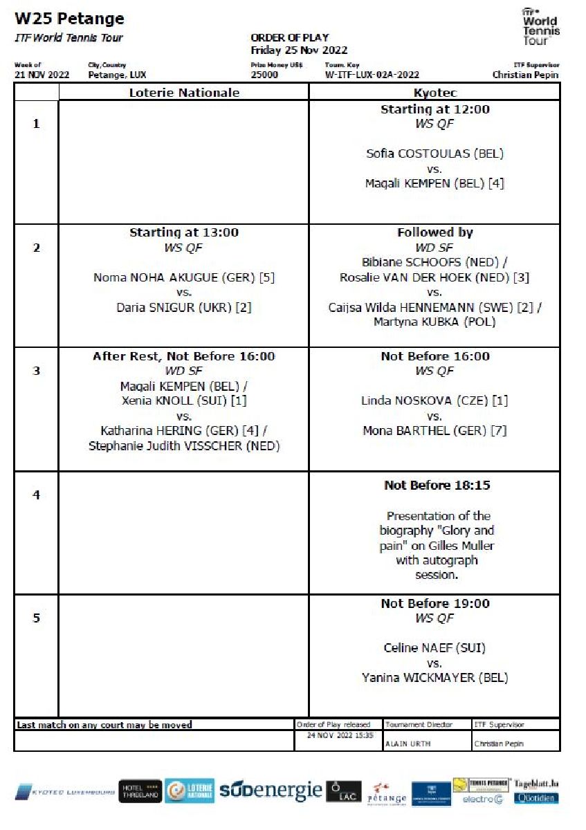 ITF KYOTEC OPEN - Programme du vendredi 25.11.22