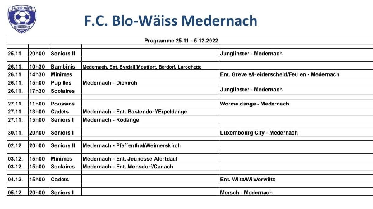 Programm vum 25.11 - 05.12 fir all eis Equippen