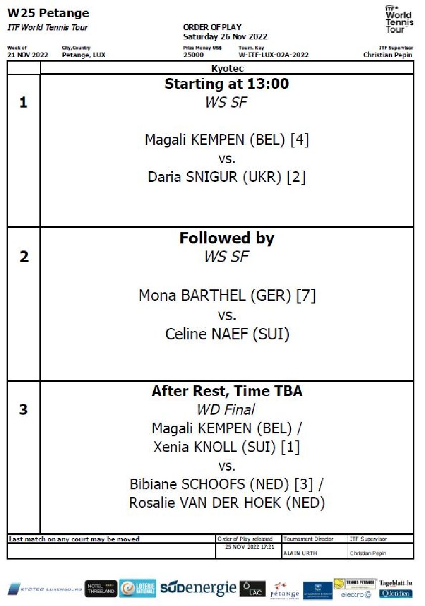 ITF KYOTEC OPEN - Programme du samedi