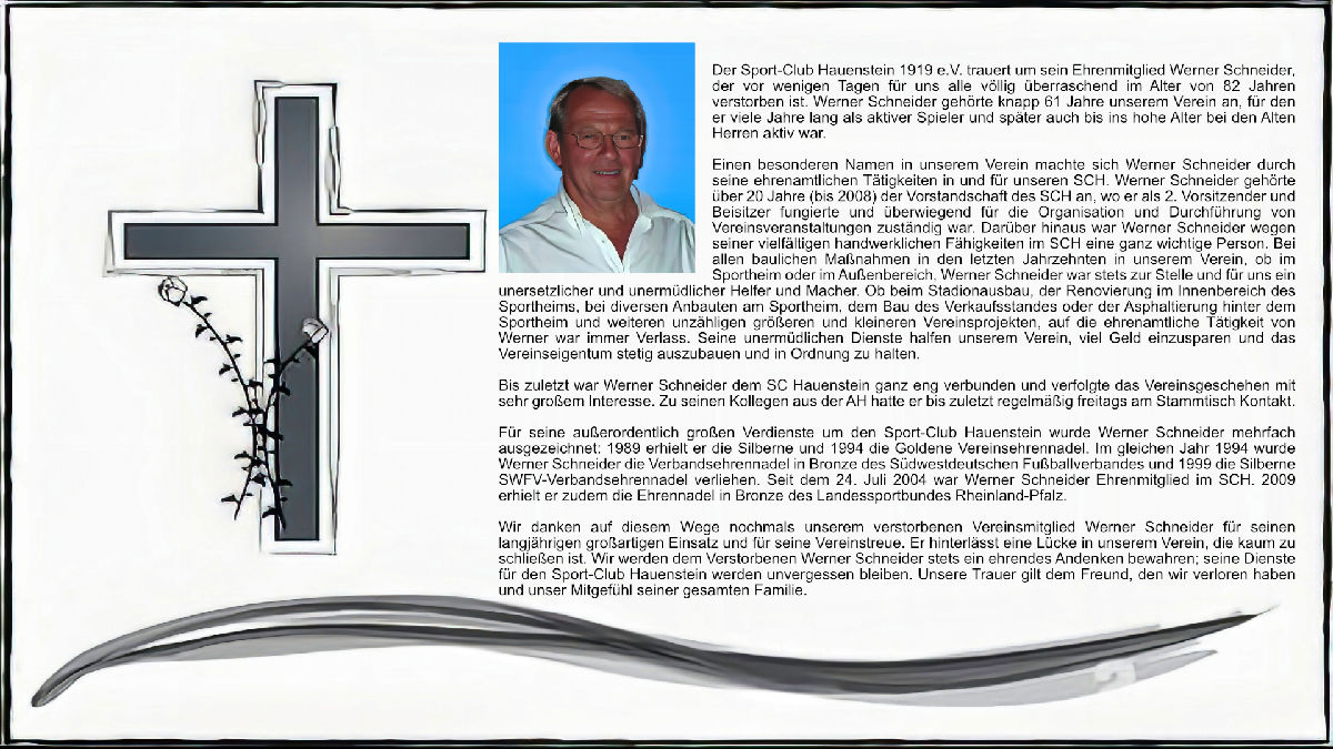 Trauer um Ehrenmitglied Werner Schneider - Nachruf Trauer um Ehrenmitglied Werner Schneider - Nachruf
