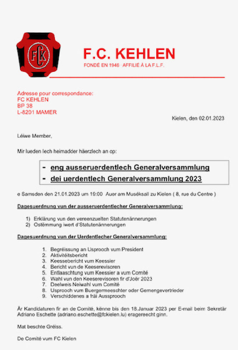 Ausseruerdentlech an Uerdentlech Generalversammlung 21.01.2023 um 19 Auer 