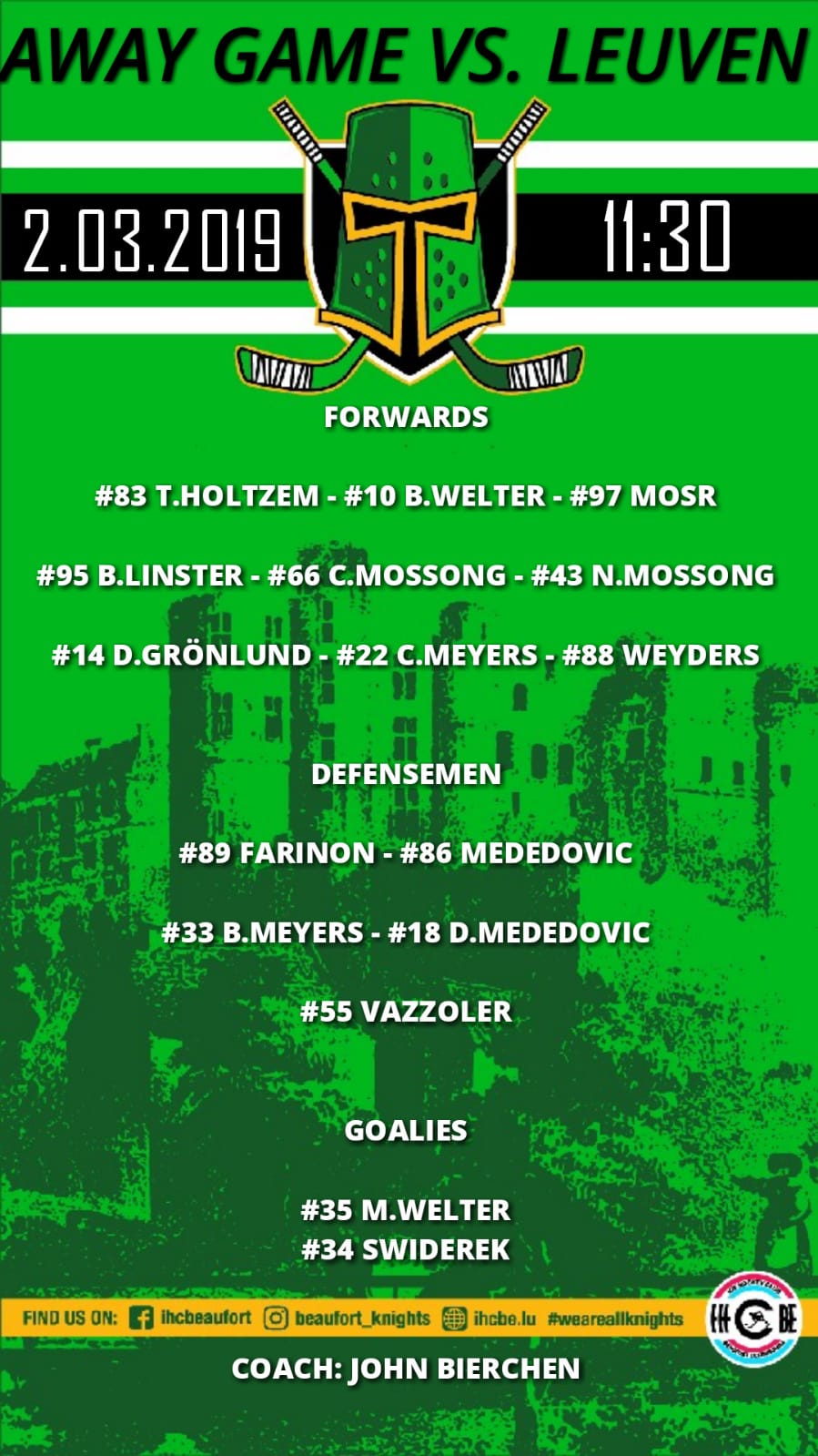 Opstellung vun de Spiller vum Auswärtsmatch géint Louvain Chiefs