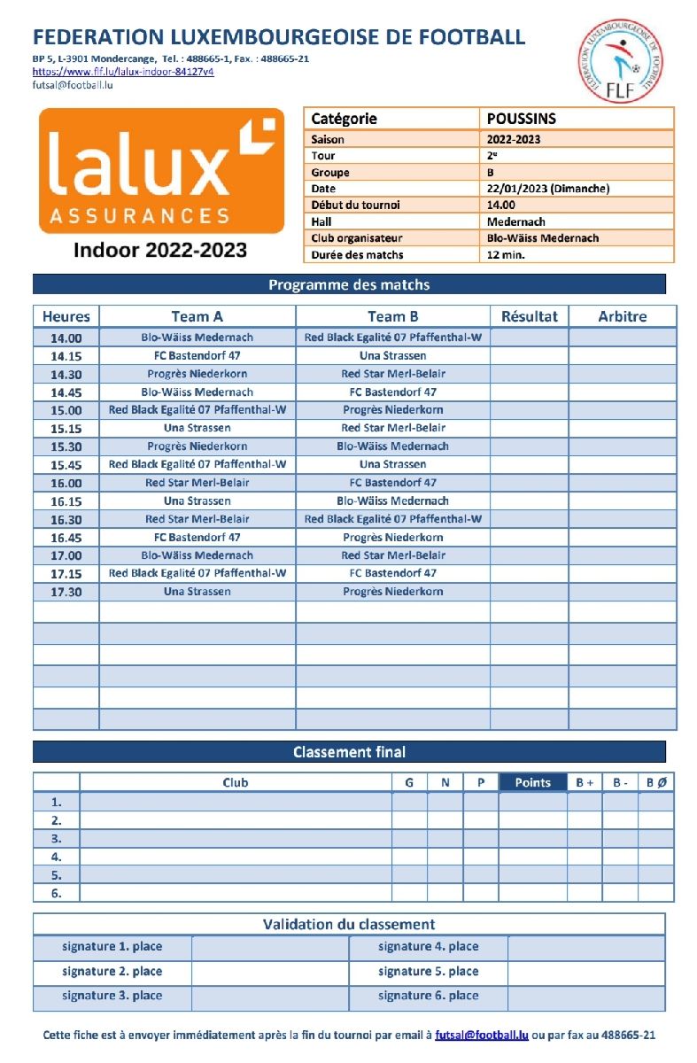 Spillplang Lalux Poussins Infoor Tournoi by FLF Spillplang Lalux Poussins Infoor Tournoi by FLF