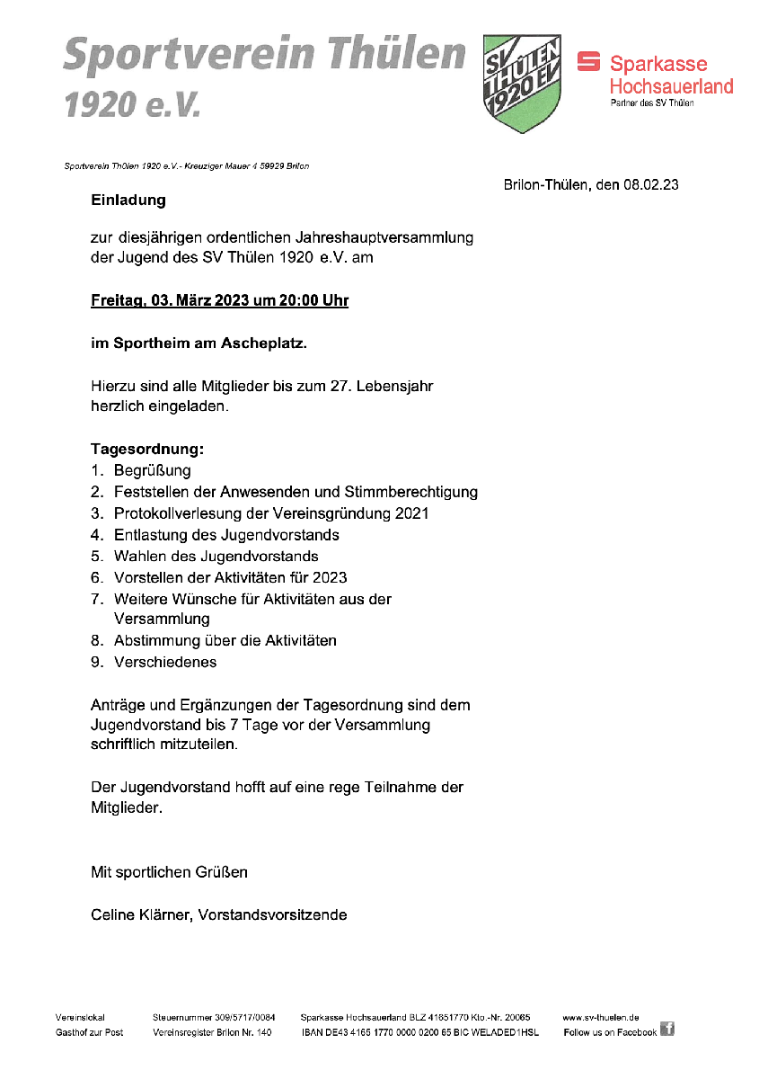 Einladung zur Generalversammlung der Jugend am 03.03.23 um 20:00 Uhr
