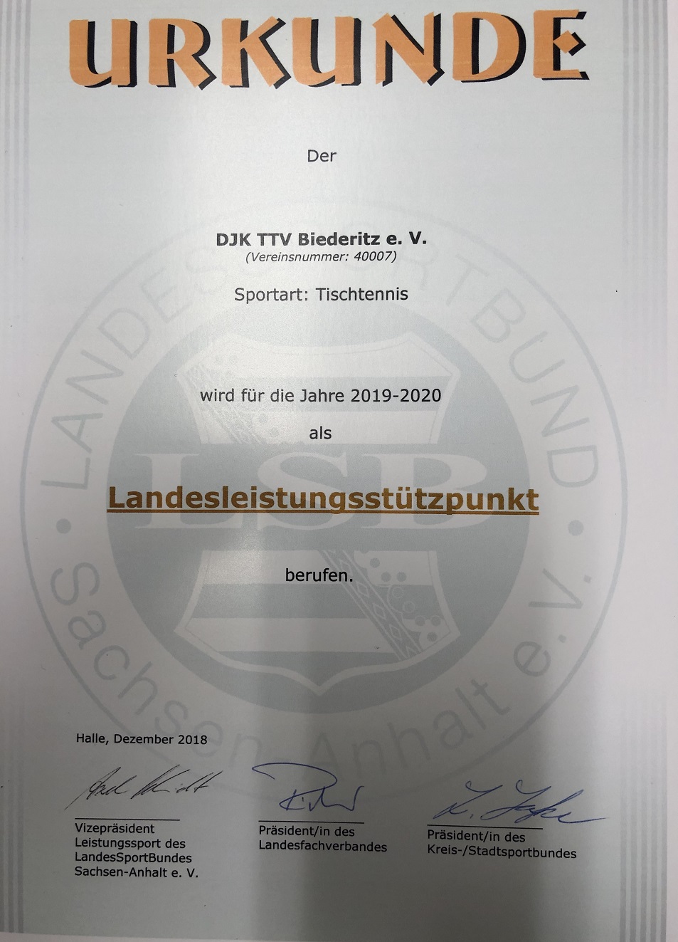 DJK TTV Biederitz verlängert TTVSA Landesleistungsstützpunktstatus für die Jahre 2019+2020 DJK TTV Biederitz verlängert TTVSA Landesleistungsstützpunktstatus für die Jahre 2019+2020