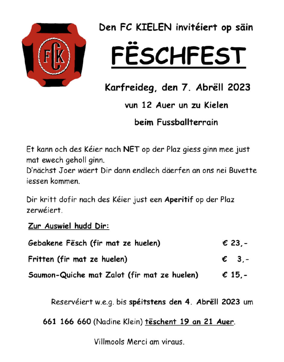 Fëschfest FC KIELEN - 07.04.2023 - Bestellt elo ären Fësch !!! Fëschfest FC KIELEN - 07.04.2023 - Bestellt elo ären Fësch !!!