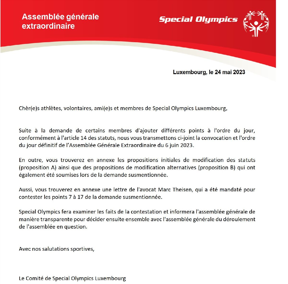 Assemblée générale extraordinaire - nouvelle convocation suite à nouvel ordre du jour 