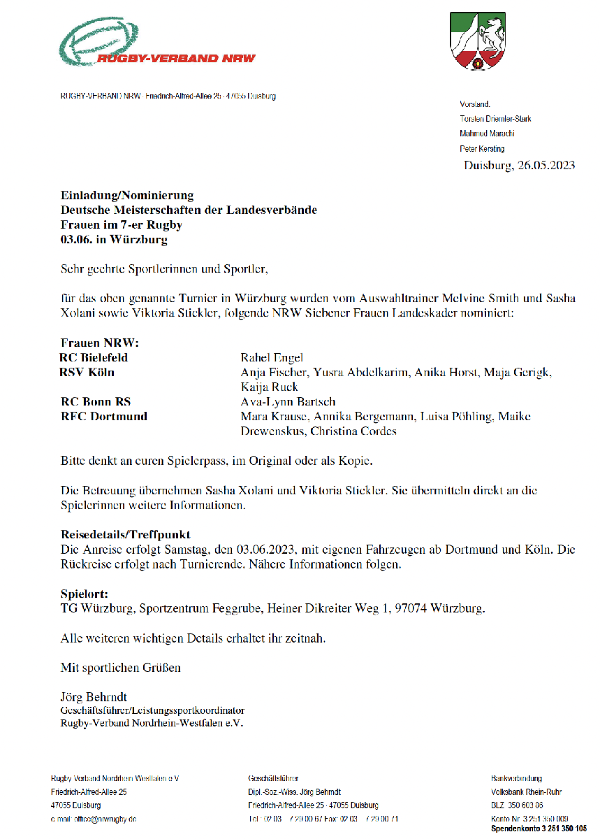Einladung/Nominierung Deutsche Meisterschaften der Landesverb nde Frauen im 7-er Rugby 03.06. in Würzburg