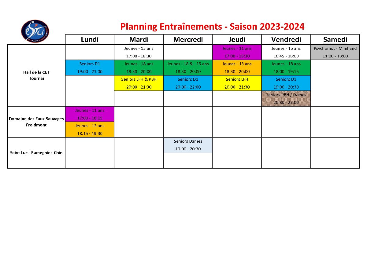 Horaires & lieux d'entraînements - Saison 2023-2024