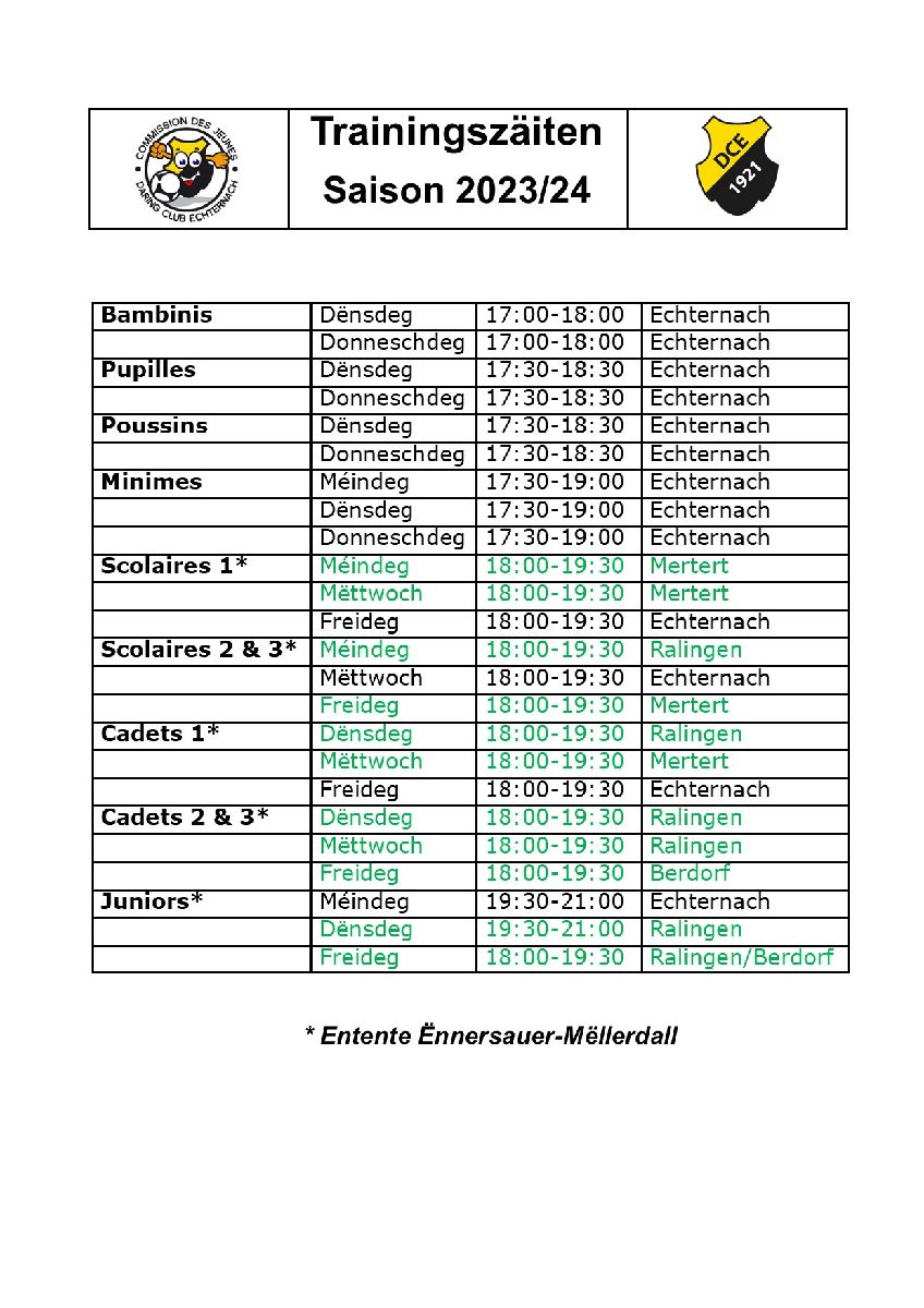 Trainingszäiten Jugendequipen Saison 2023/24