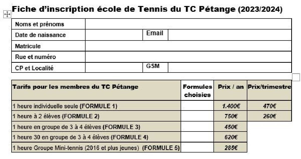 Inscriptions - Ecole de tennis 23/24 Inscriptions - Ecole de tennis 23/24