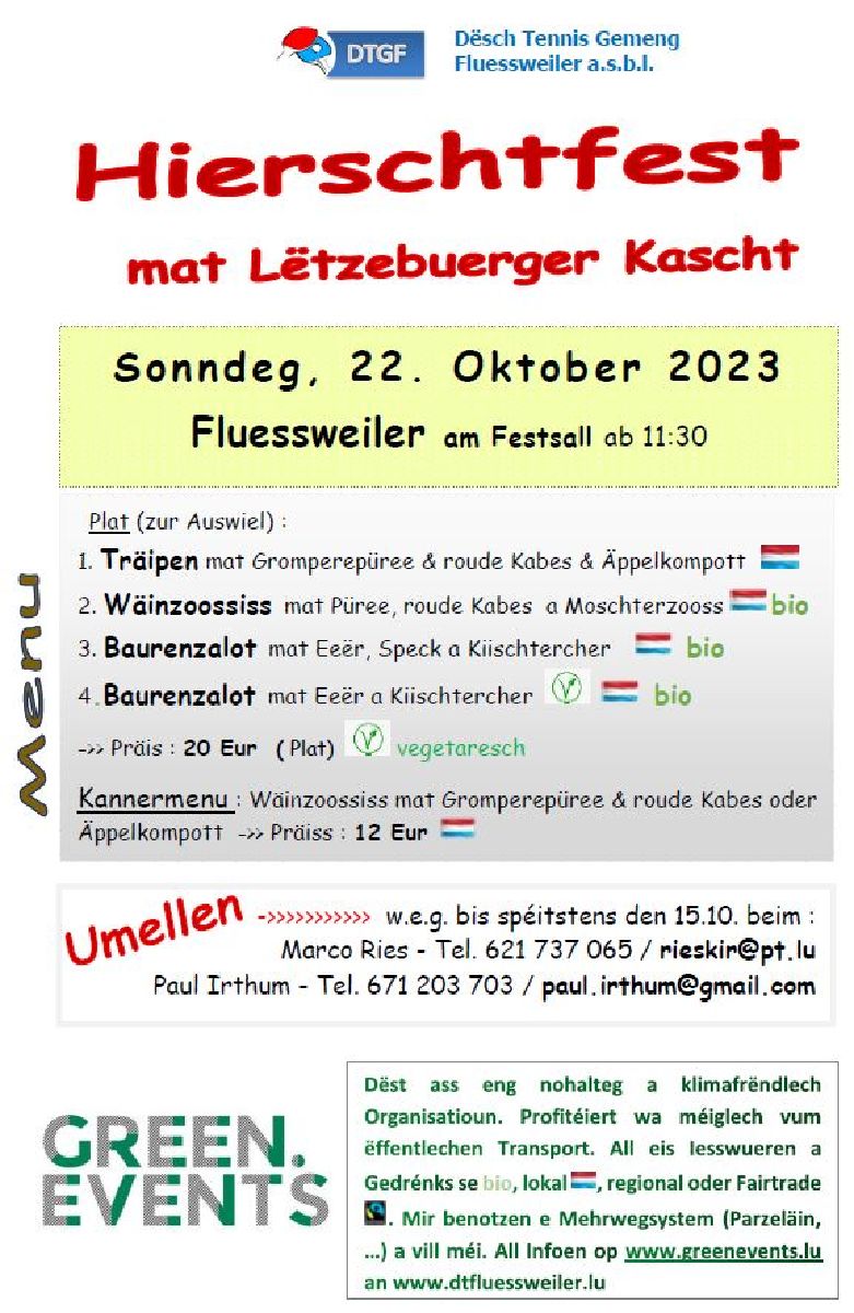 Hierschtfest 22.10.2023 zu Fluessweiler - GREEN EVENT - kommt mam Bus !!