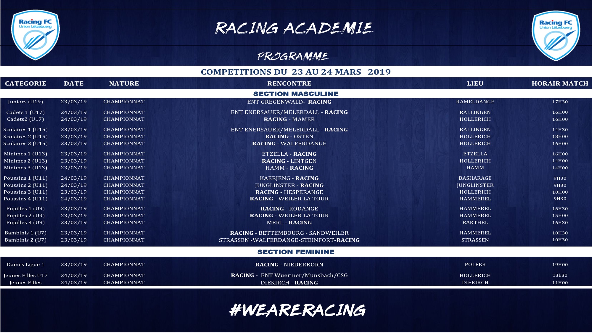 Programme match RACING ACADEMIE 23-24 mars 2019