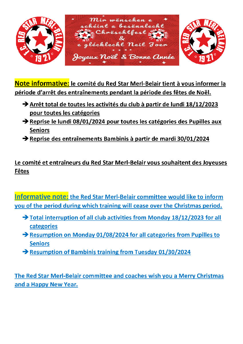 Arrêt des entraînements pendant la période des fêtes de Noël