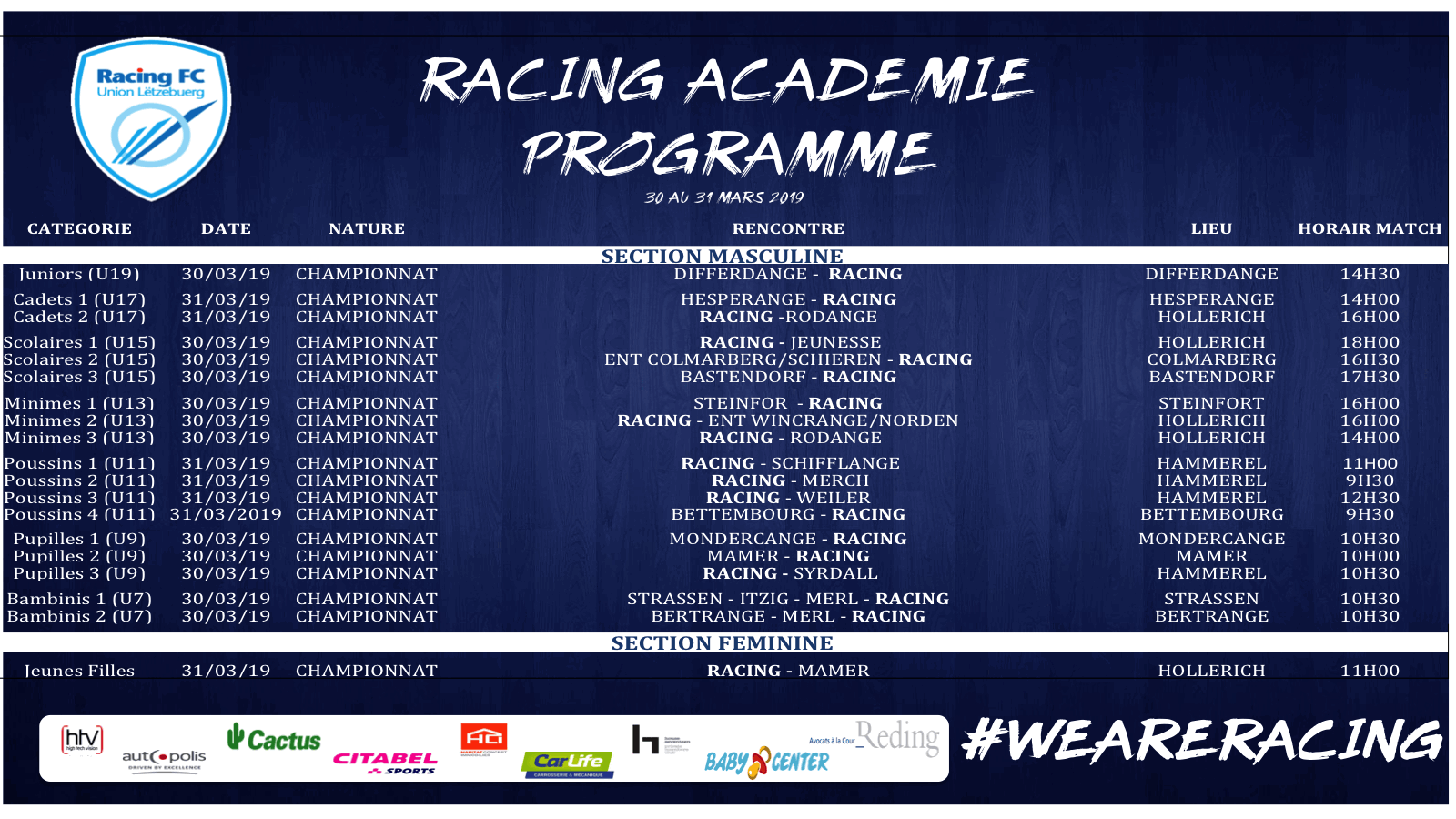 Programme match RACING ACADEMIE 30-31 mars 2019