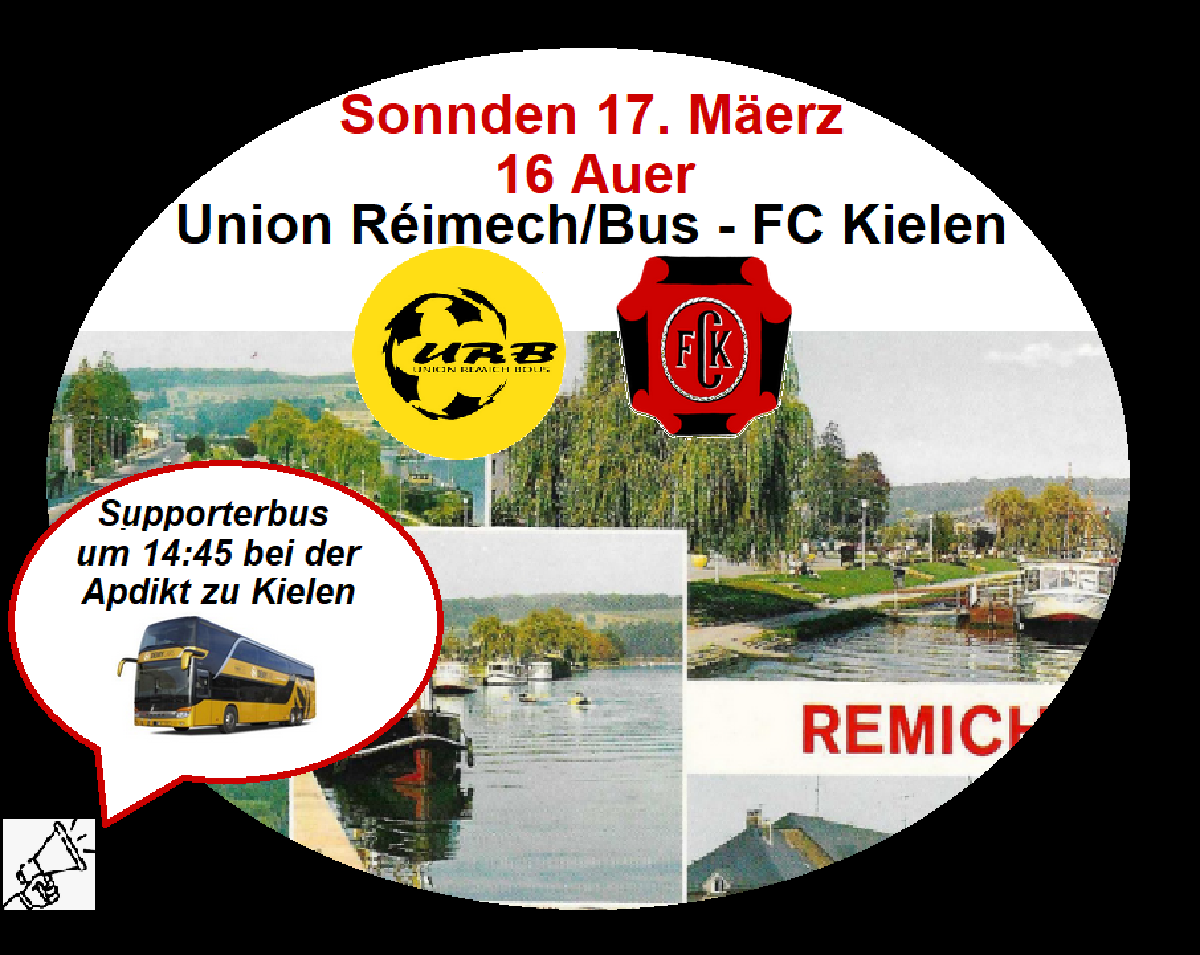 Fuert mat op Réimech! Mam Supporterbus Sonnden um 14:45 RV FC Kielen