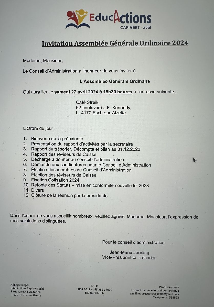 Assemblée Générale le samedi 27 avril 2024 à 15h30 au Café Streik, Esch