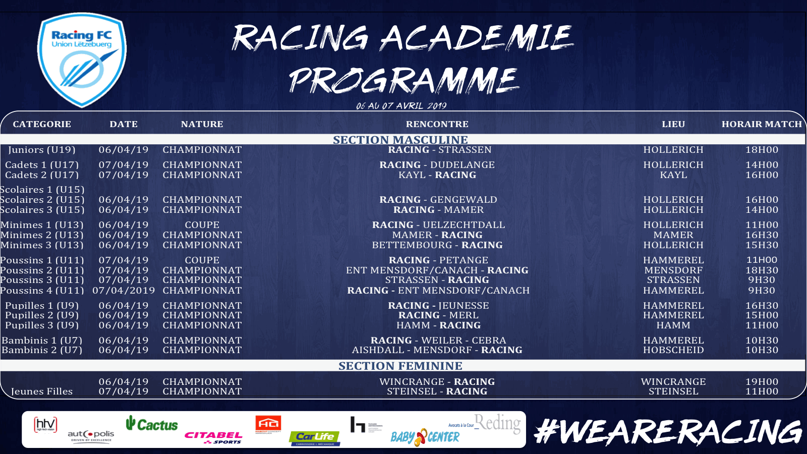 Programme match RACING ACADEMIE 06-07 avril 2019  