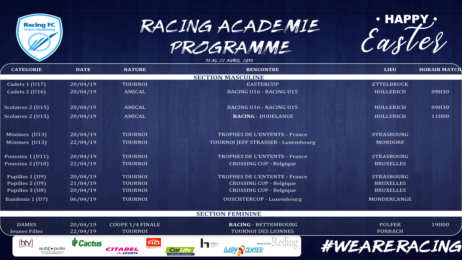 Programme match RACING ACADEMIE 19-22 avril 2019