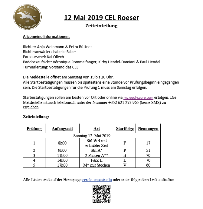 Zeitplang vum CEL ROESER vum 12 Mee 2019